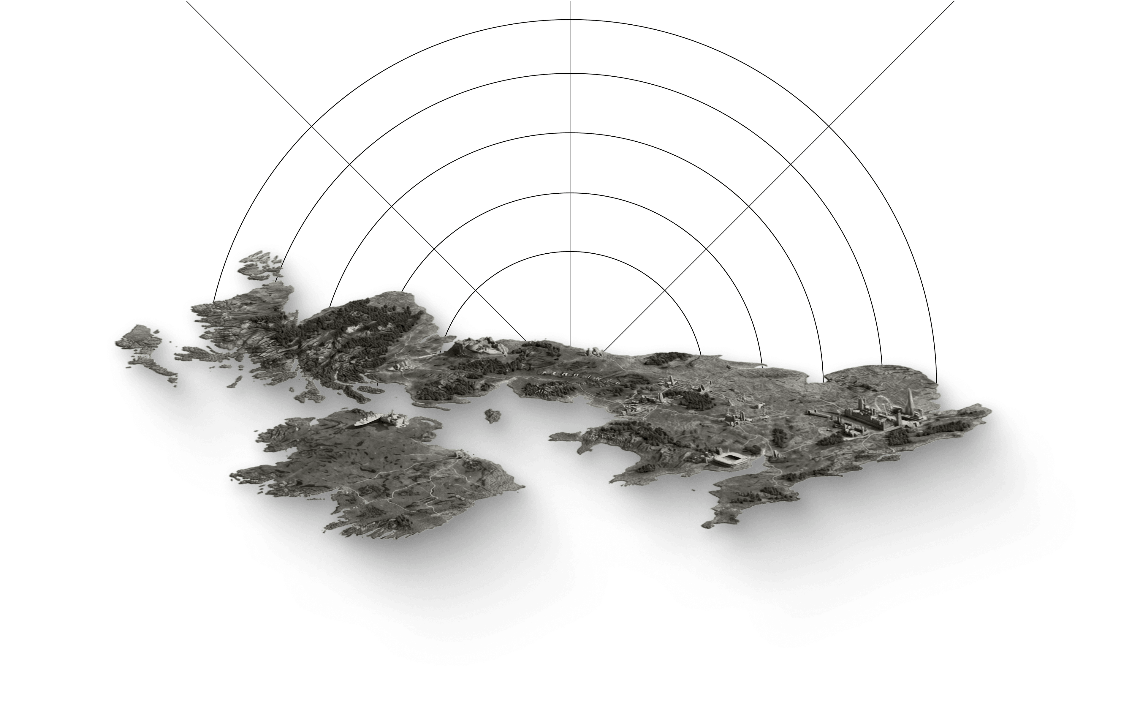 Relief map of the United Kingdom and Ireland with radar arcs